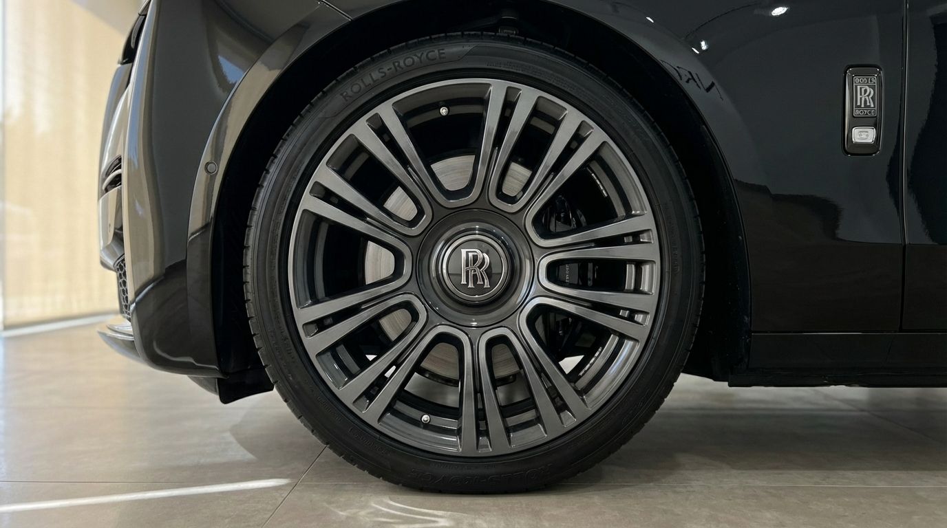 The glossy black 2025 Rolls-Royce Ghost displays its elegant front wheel with a multi-spoke rim and part of the fender in Marbella.