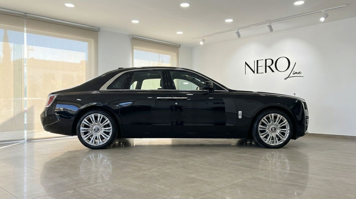 The black 2025 Rolls-Royce Ghost luxury sedan is showcased in a side profile view inside a showroom in Marbella.