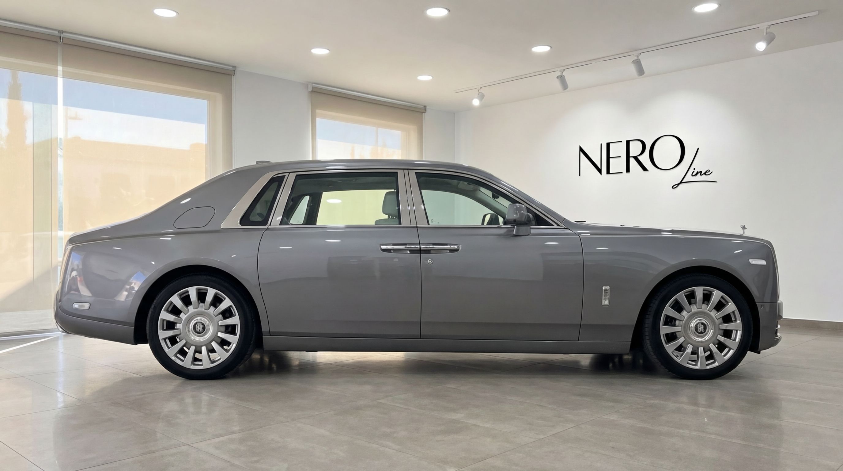 Rolls-Royce Phantom in metallic grey, shown in a side profile view inside a showroom in Mallorca.