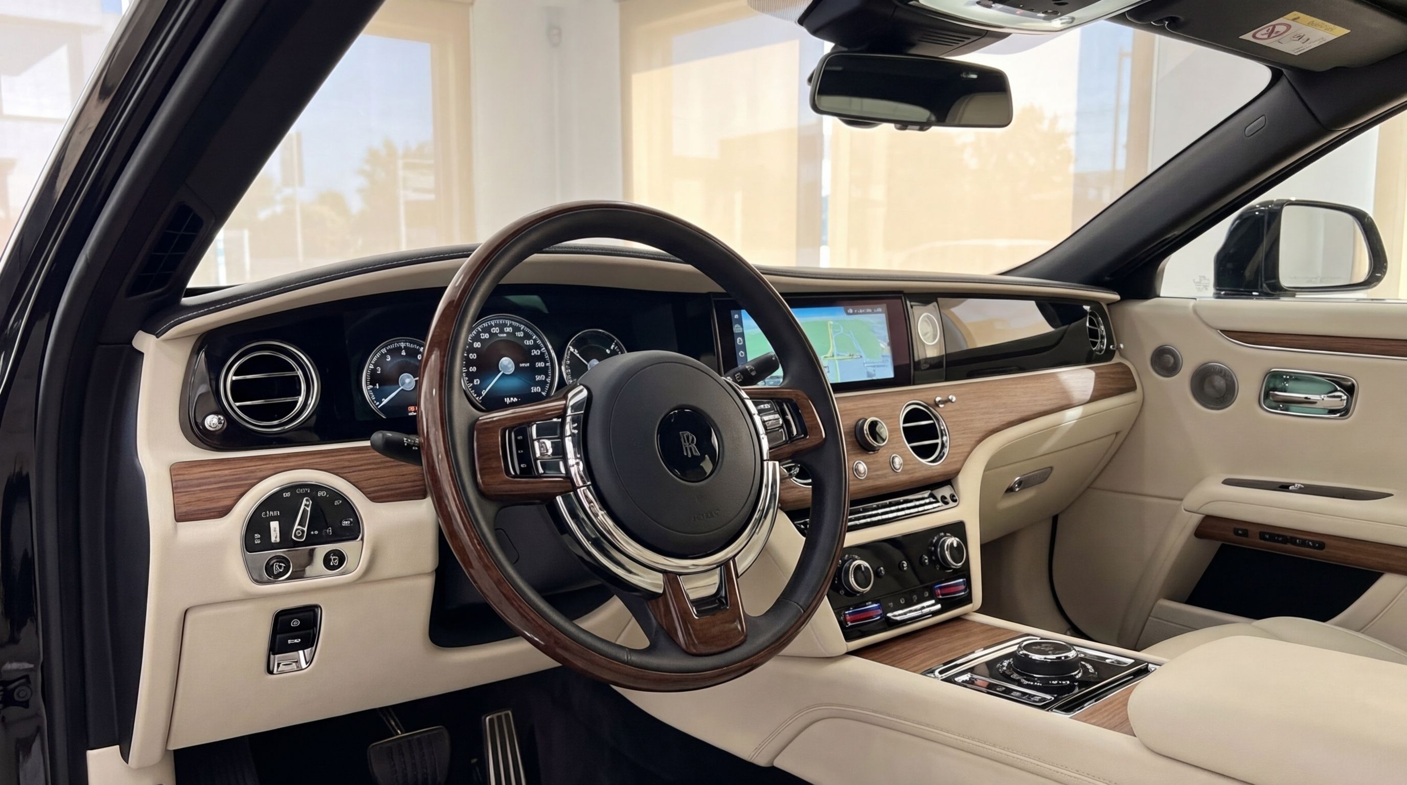 The luxurious interior of the Rolls-Royce Wraith in Malaga features a wood-trimmed steering wheel, a detailed dashboard, and a central infotainment screen.