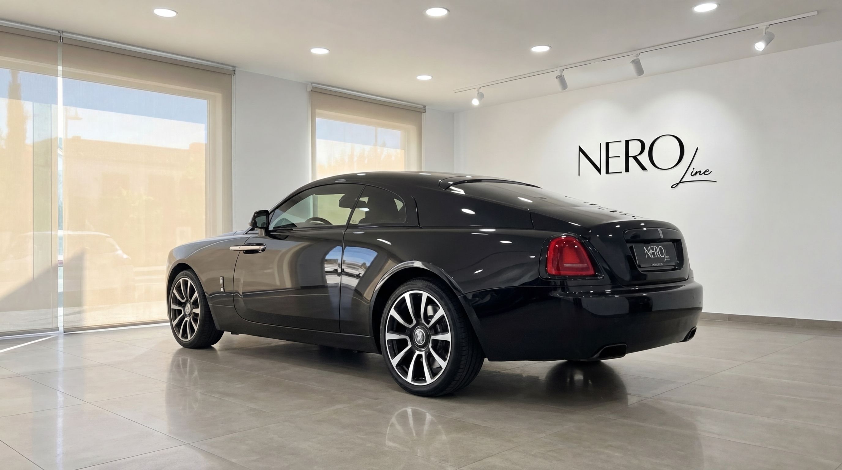 The jet black Rolls-Royce Wraith is elegantly displayed from a rear three-quarter view in a Malaga showroom.
