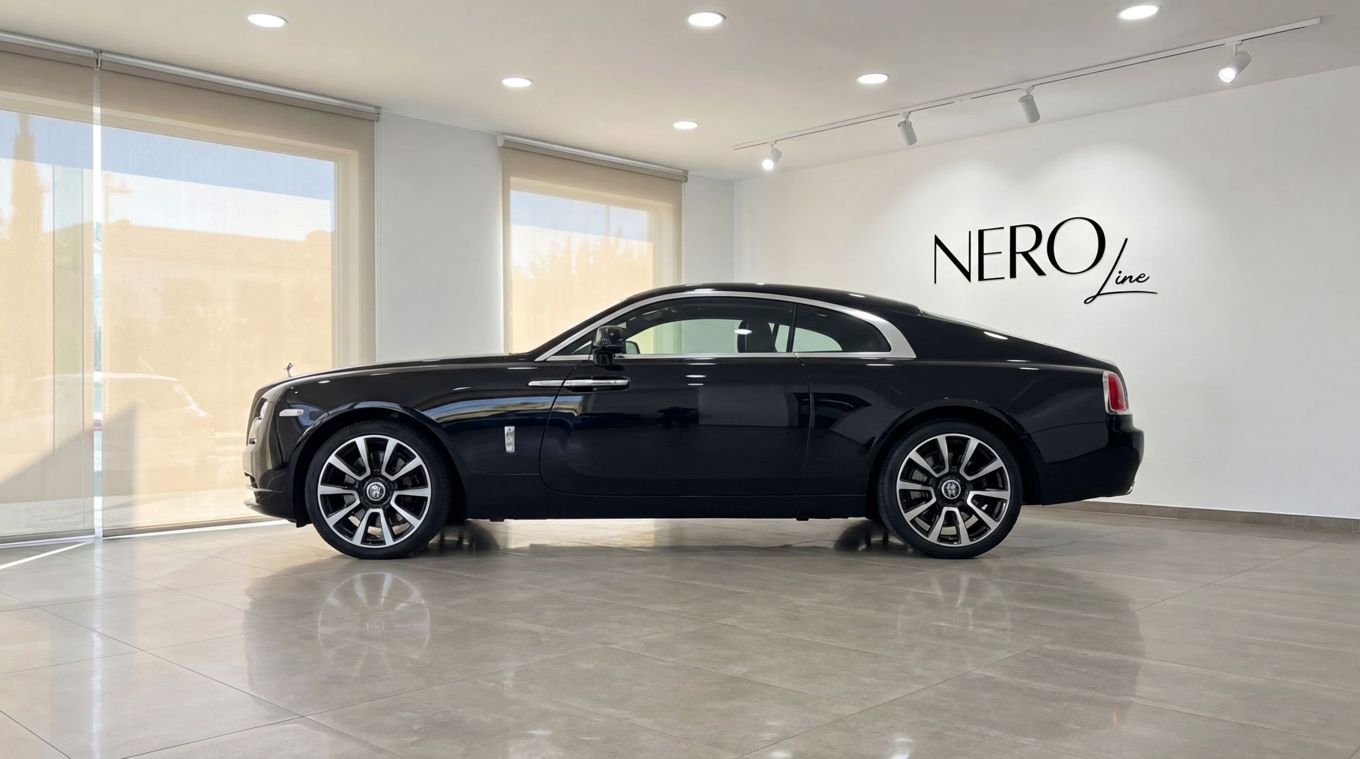 The sleek black Rolls-Royce Wraith is elegantly displayed in a showroom with large windows in Malaga.