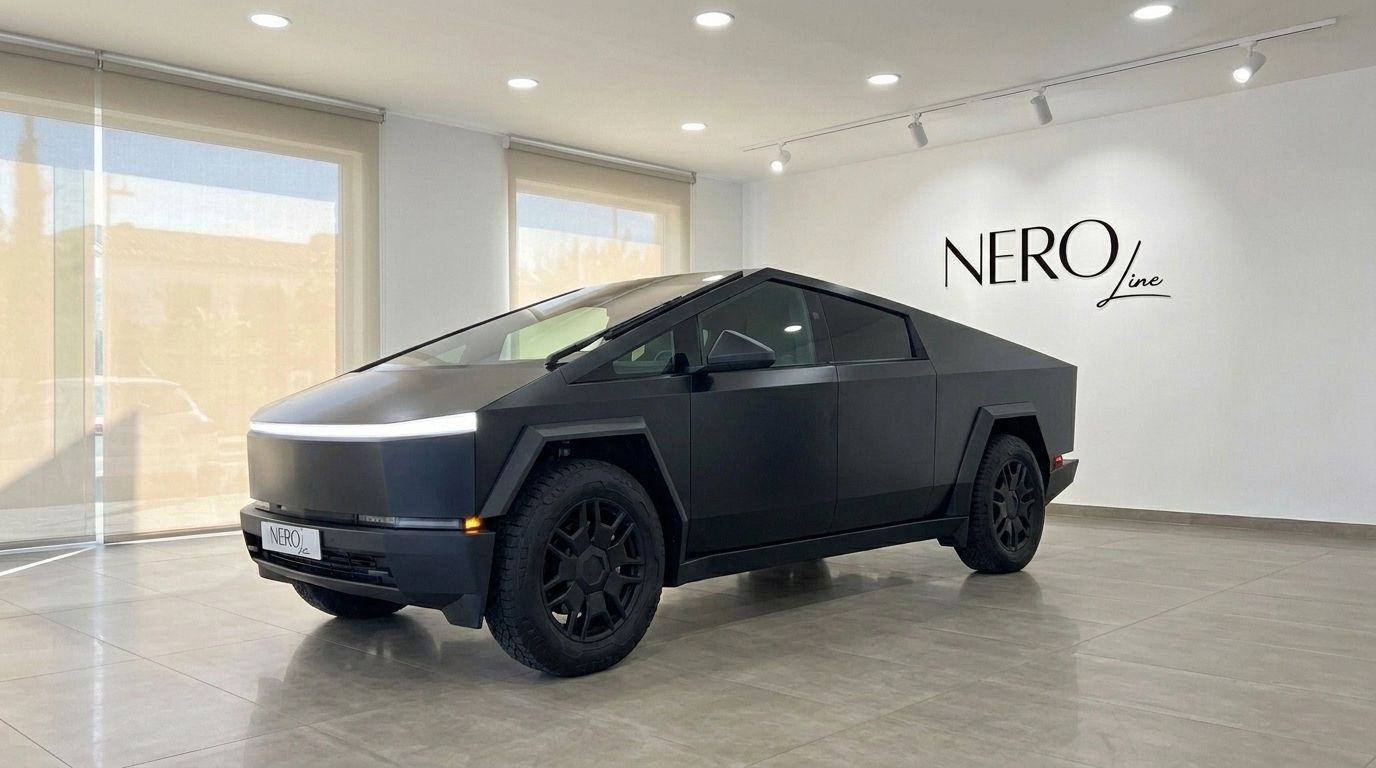 The matte black Tesla Cybertruck is showcased in a front three-quarter view inside a bright showroom in Marbella.