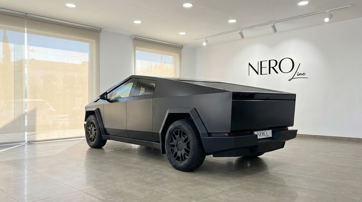 The matte black Tesla Cybertruck is shown from a rear three-quarter angle in a bright Marbella showroom, highlighting its unique design.