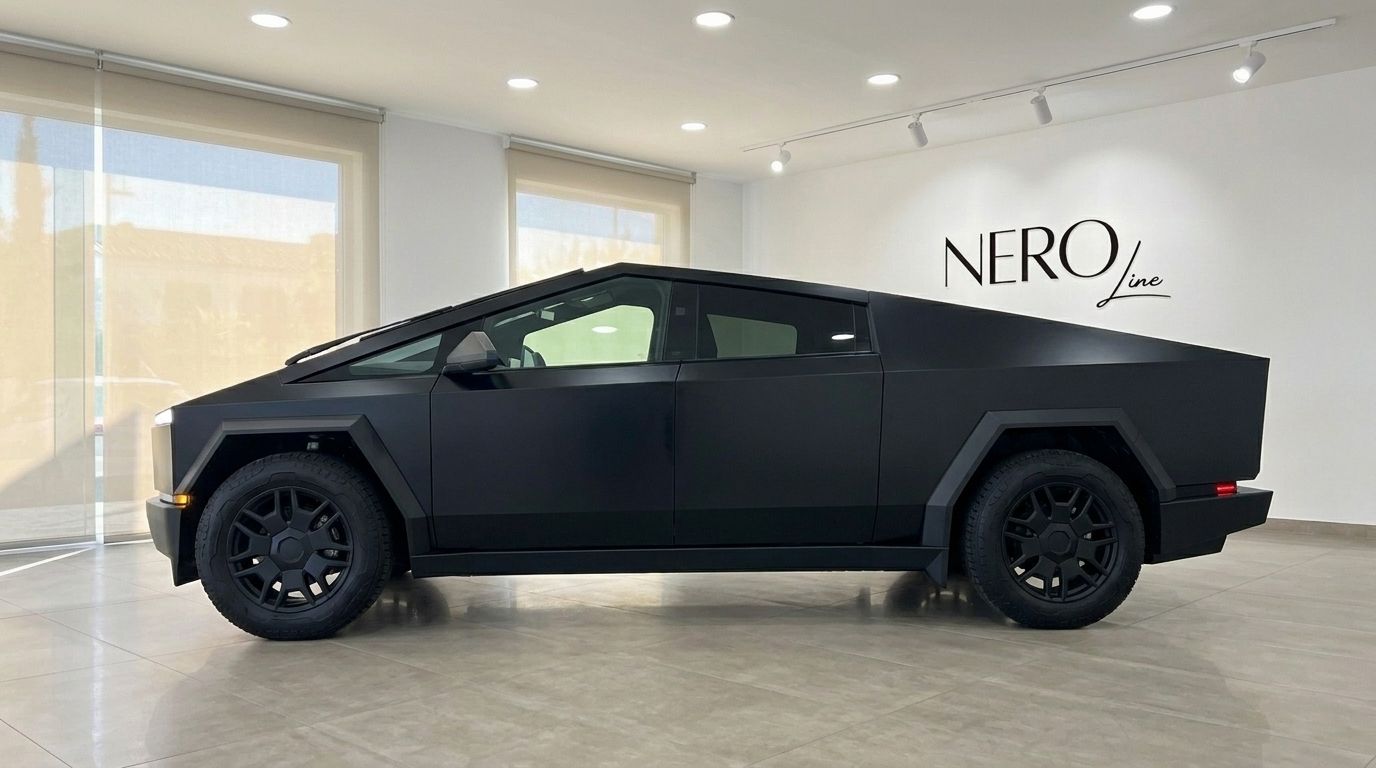 The matte black Tesla Cybertruck's distinctive side profile is showcased in a showroom in Marbella.