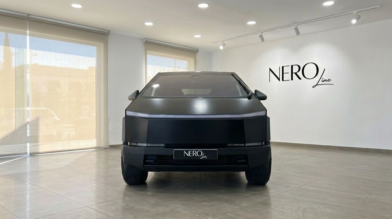 The matte black Tesla Cybertruck is prominently displayed from the front in a bright NEROline showroom in Marbella.
