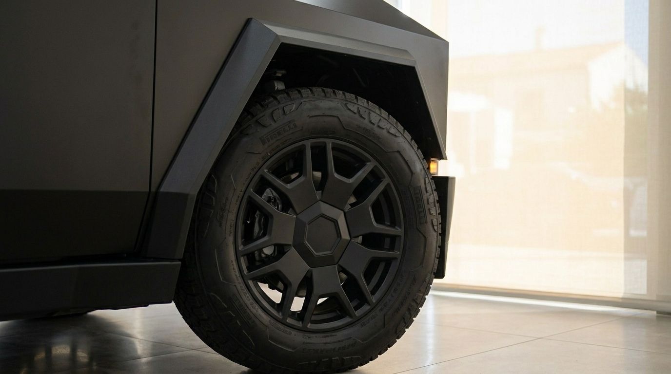 A close-up view of the Tesla Cybertruck's matte black front wheel and angular fender, showcasing its rugged design in Marbella.
