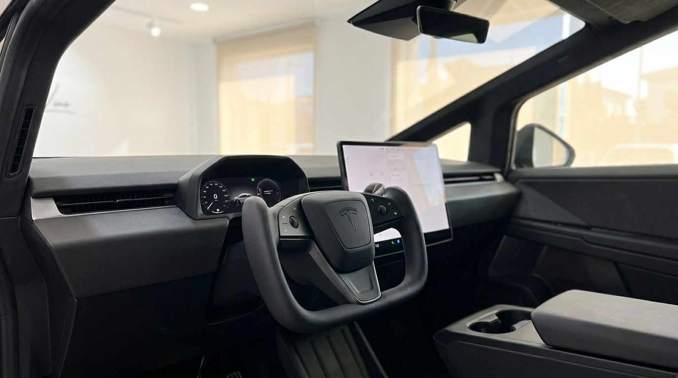 Tesla Cybertruck interior in Marbella, showing its unique yoke steering wheel, minimalist dashboard, and central touchscreen.