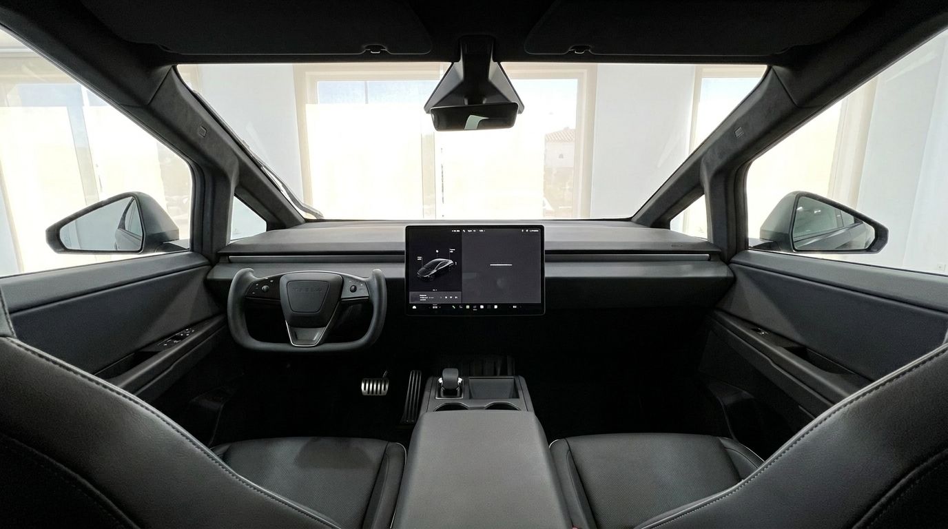 The futuristic interior of the Tesla Cybertruck, showcasing its unique yoke steering wheel, large central touchscreen, and black seats in Marbella.