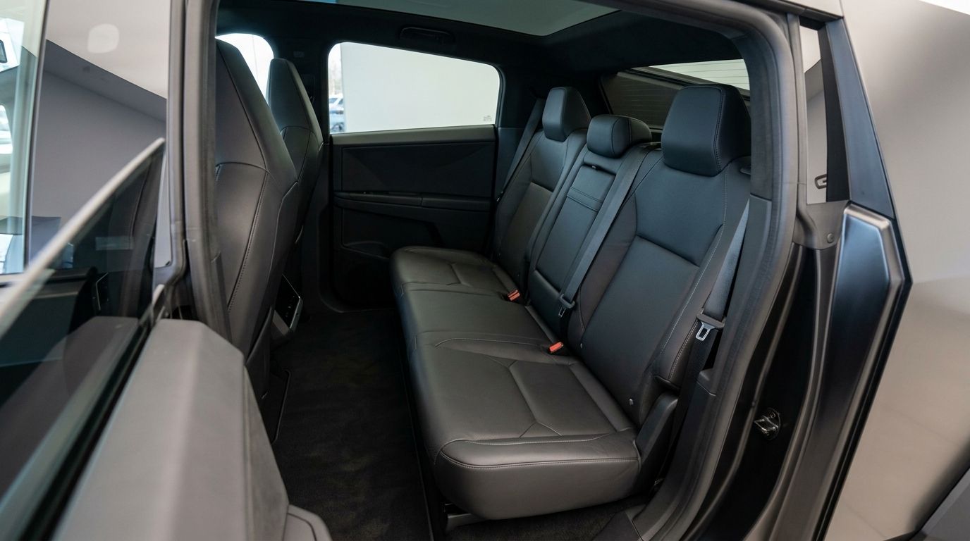 The spacious rear black leather seats and modern cabin interior of the Tesla Cybertruck in Marbella.
