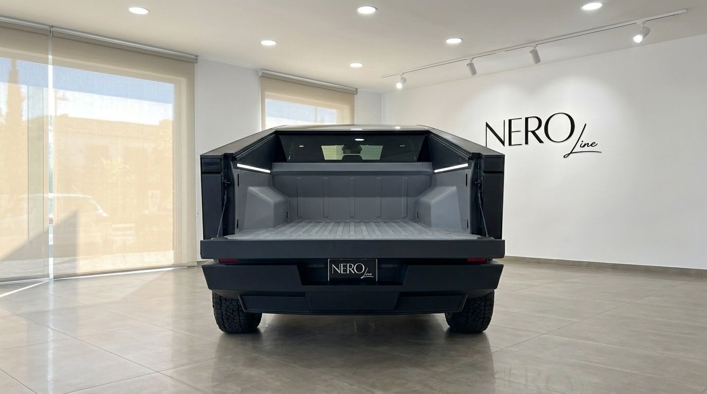 The rear view of the Tesla Cybertruck in Matte Black, showcasing its open truck bed and the NeroLine logo in Marbella.