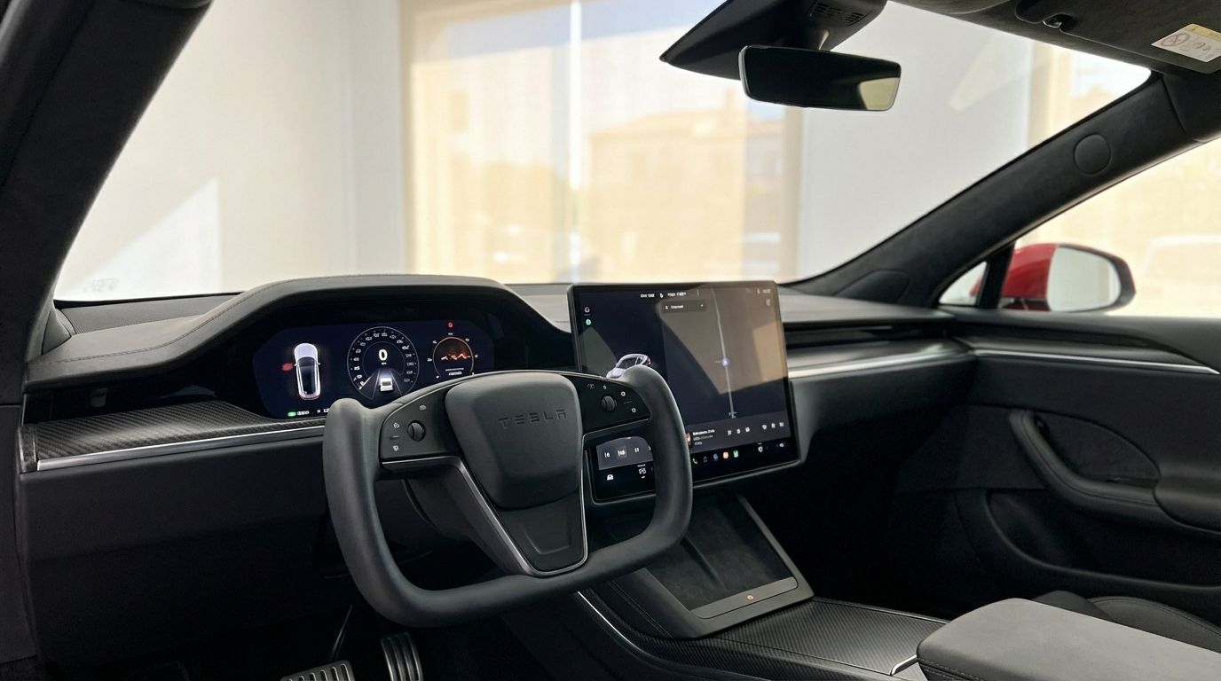 Interior del Tesla Model S Plaid mostrando el volante tipo yugo y las dos pantallas en Alicante.