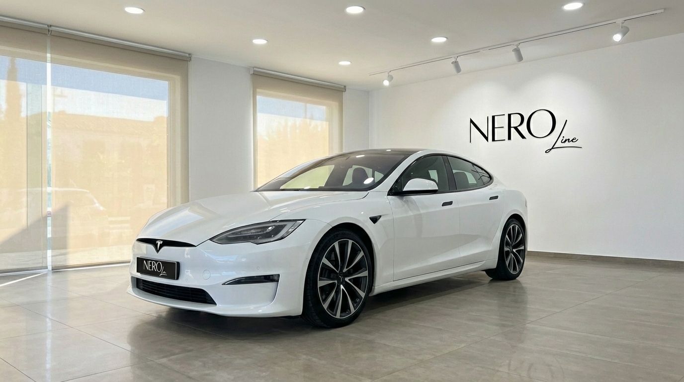 Un Tesla Model S Plaid 2023 blanco perla se exhibe desde una vista tres cuartos frontal en un luminoso showroom de Alicante.