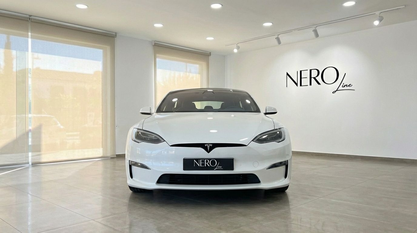 Vista frontal de un Tesla Model S Plaid 2023 blanco perla en un luminoso showroom con el logo de Nero Line en Alicante.