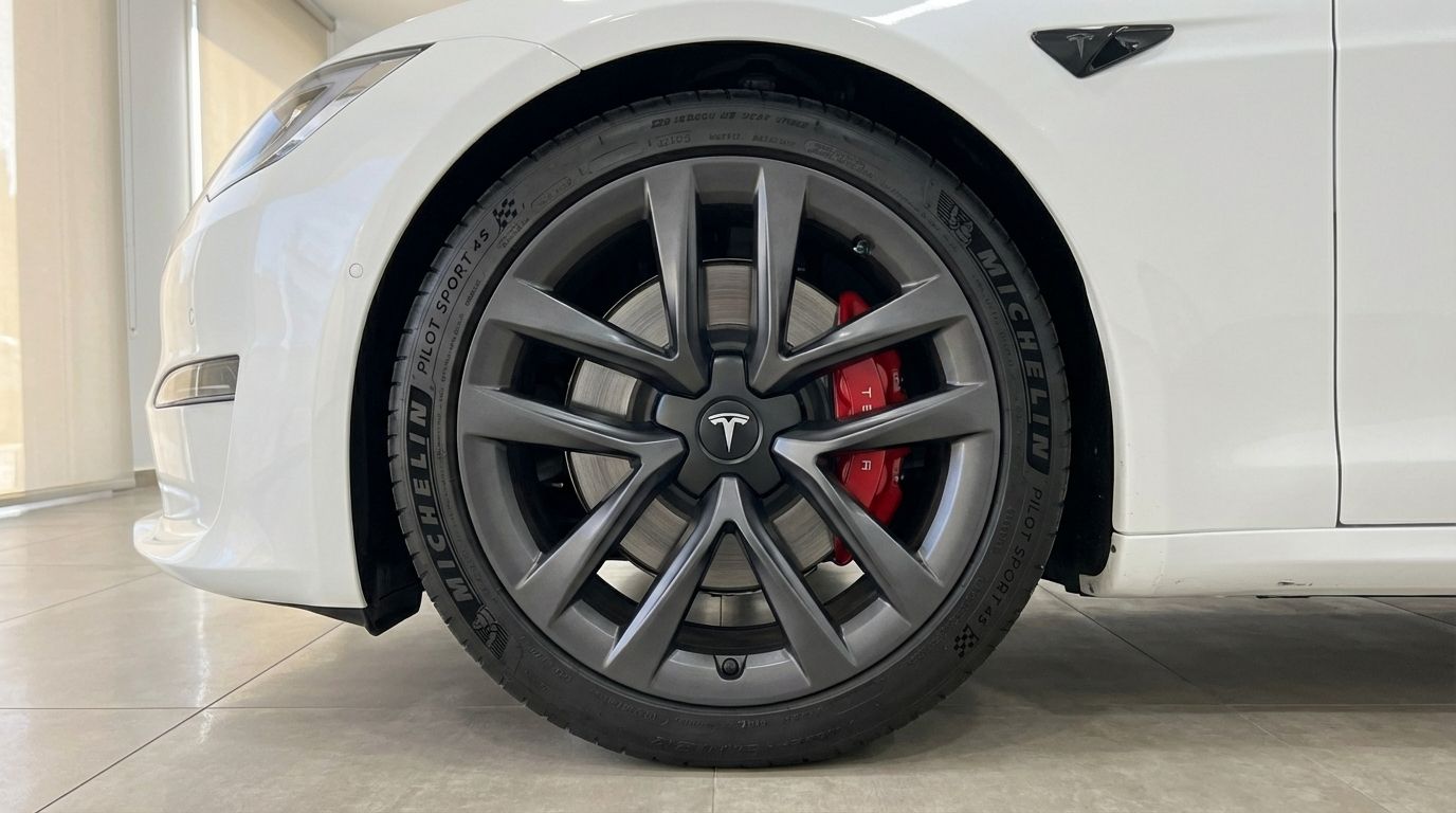 Primer plano de la rueda delantera de un Tesla Model S Plaid blanco, con llantas gris oscuro y pinzas de freno rojas en Alicante.