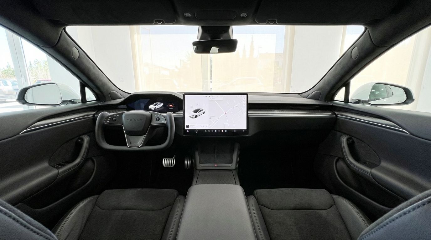Interior del Tesla Model S Plaid, mostrando el volante tipo yugo, la gran pantalla táctil central y los asientos delanteros en Alicante.