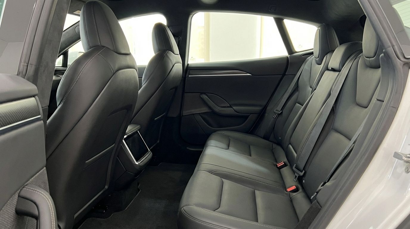 Los lujosos asientos traseros de cuero negro y el interior del Tesla Model S Plaid, disponible en Alicante.
