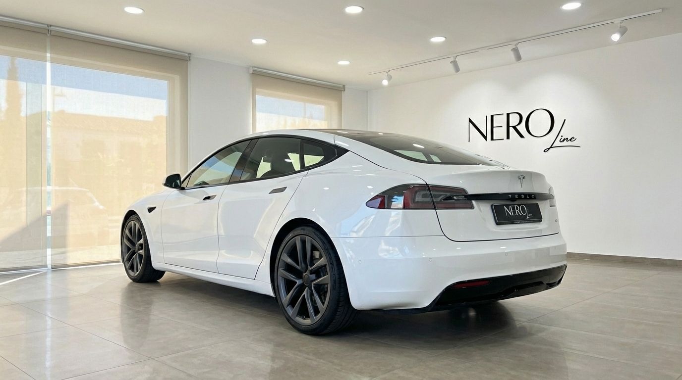 Tesla Model S Plaid blanco desde un ángulo trasero tres cuartos, estacionado en interior en Alicante.