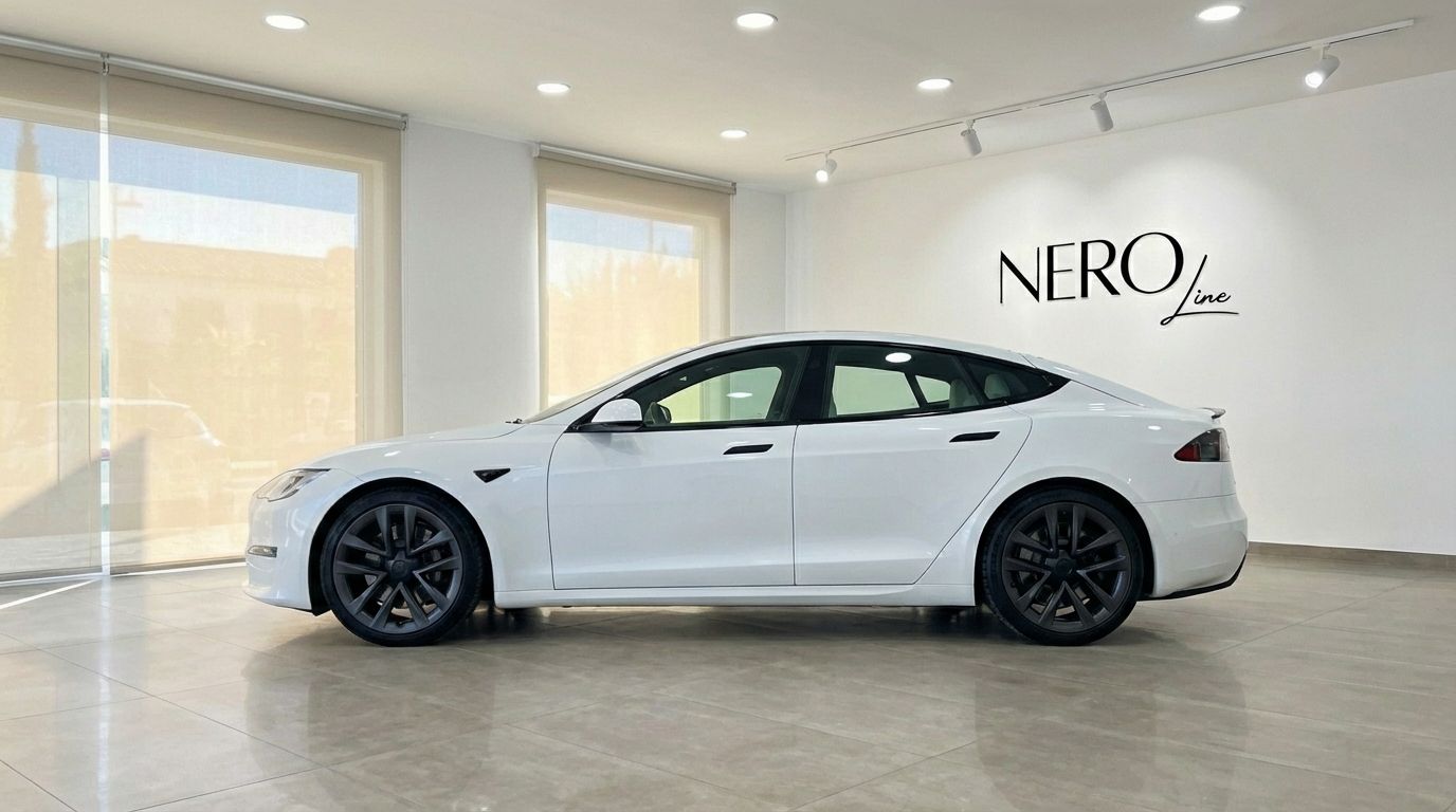 Un Tesla Model S Plaid 2023 blanco perla se muestra de lado, aparcado en un moderno concesionario en Alicante.