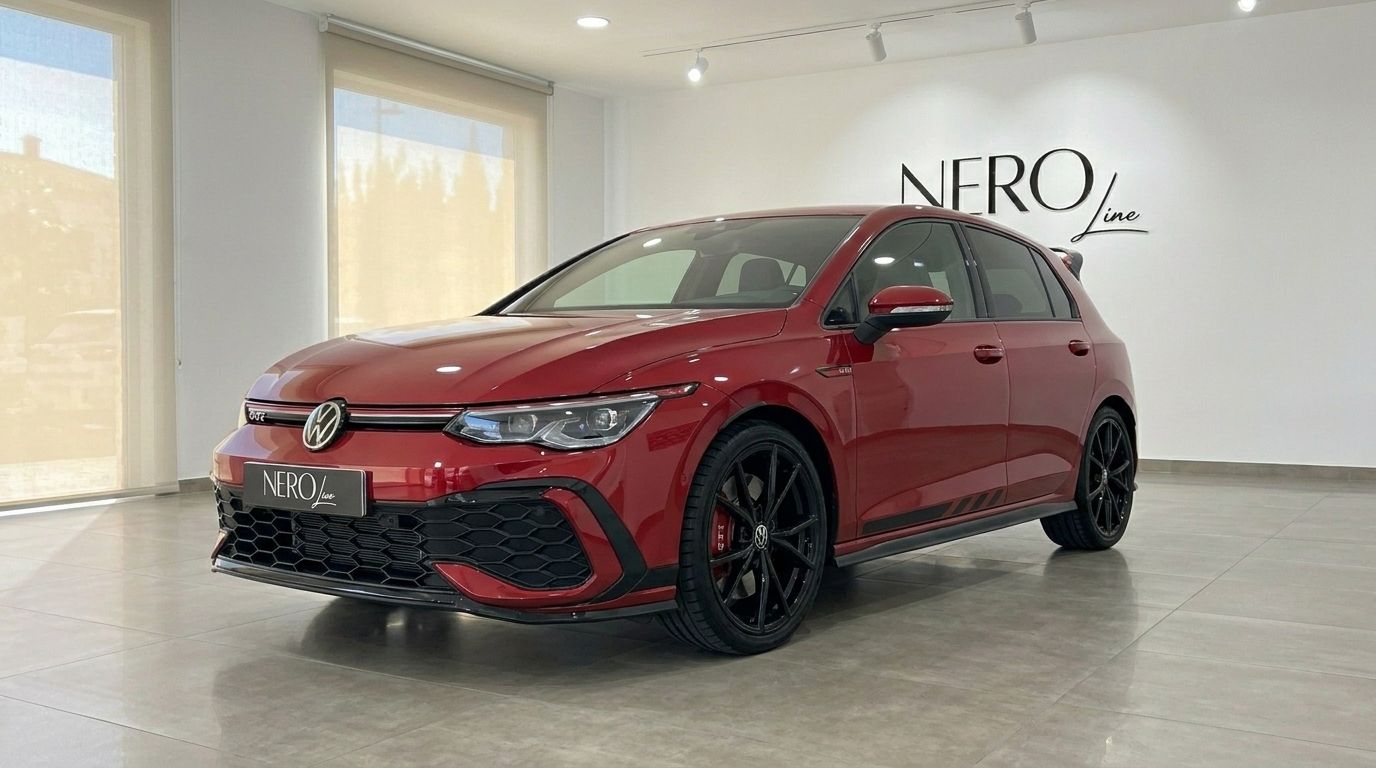Der rote 2024 Volkswagen Golf GTI Clubsport wird aus der vorderen Dreiviertelansicht in einem Showroom in Alicante gezeigt.
