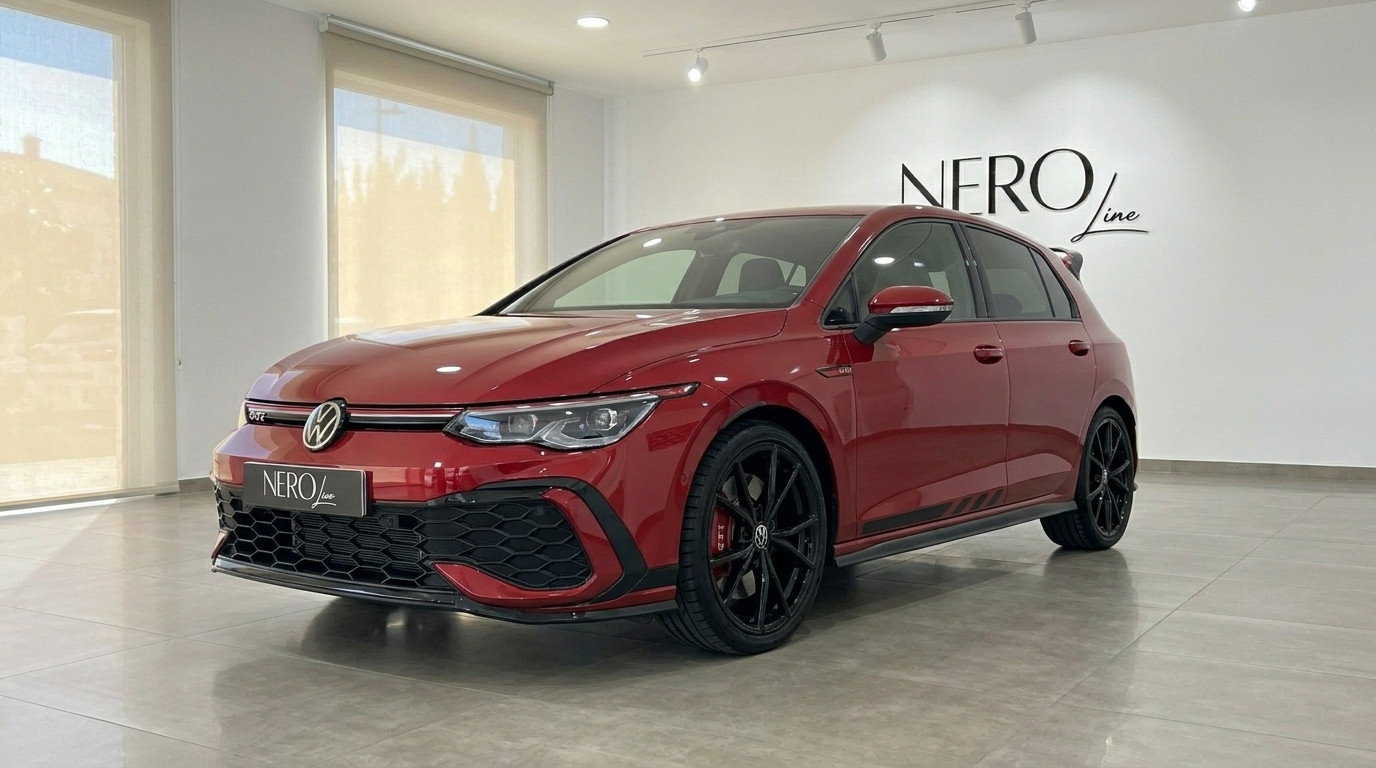 Volkswagen Golf GTI Clubsport — Vorderansicht Alicante Der rote 2024 Volkswagen Golf GTI Clubsport wird aus der vorderen Dreiviertelansicht in einem Showroom in Alicante gezeigt.