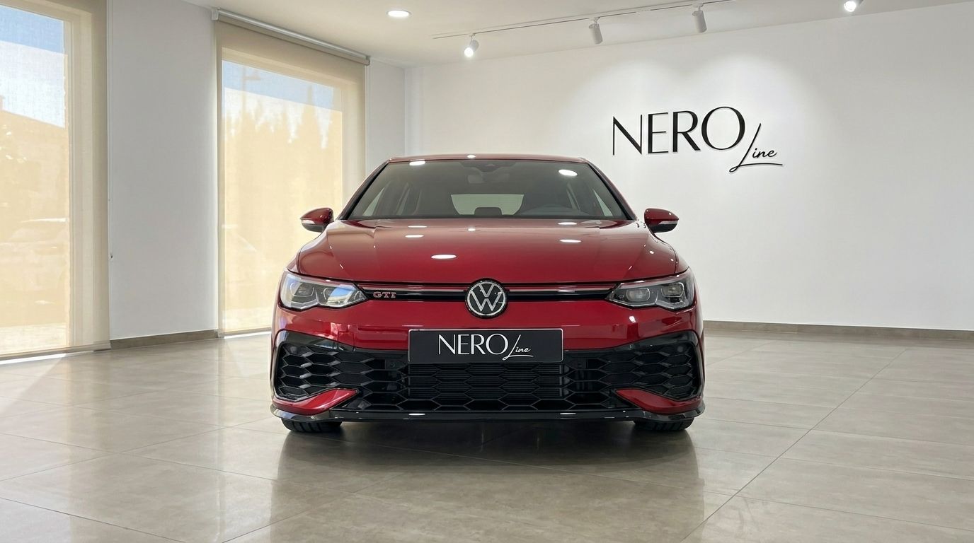 Der glänzende Kings Red Metallic 2024 Volkswagen Golf GTI Clubsport wird frontal in einem hellen Showroom in Alicante präsentiert.