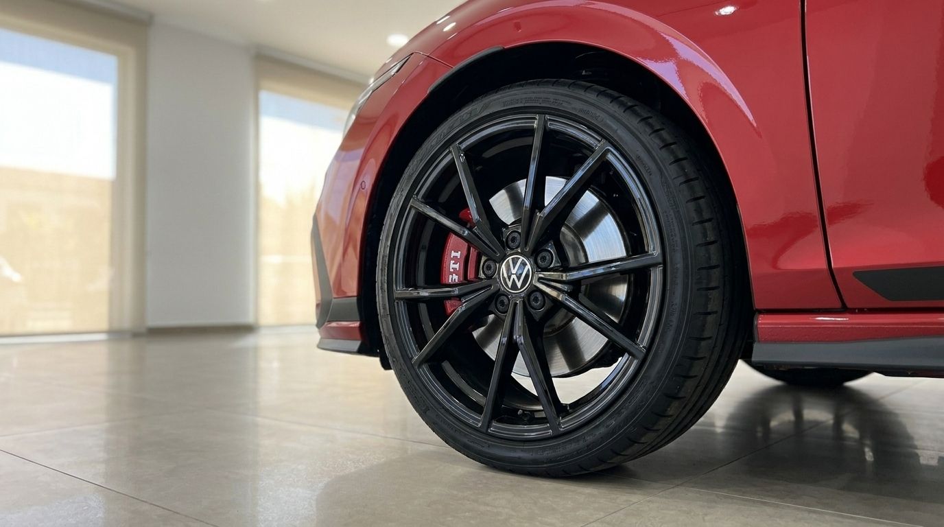 Glänzend rote Karosserie und schwarzes Vorderrad mit rotem GTI-Bremssattel des Volkswagen Golf GTI Clubsport in Alicante.