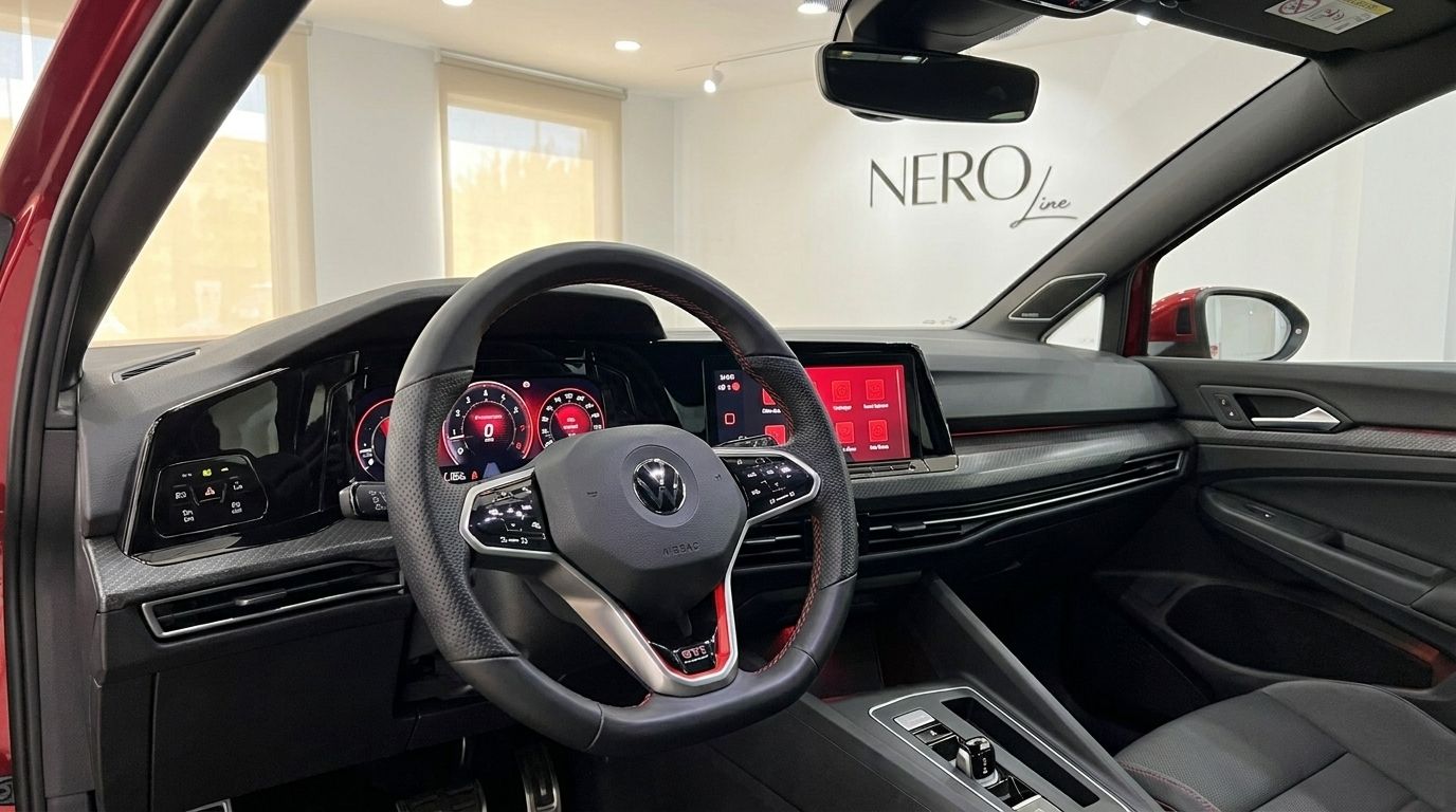 Das luxuriöse Interieur des Volkswagen Golf GTI Clubsport 2024 in Alicante, mit seinem fortschrittlichen digitalen Armaturenbrett und Sportlenkrad.