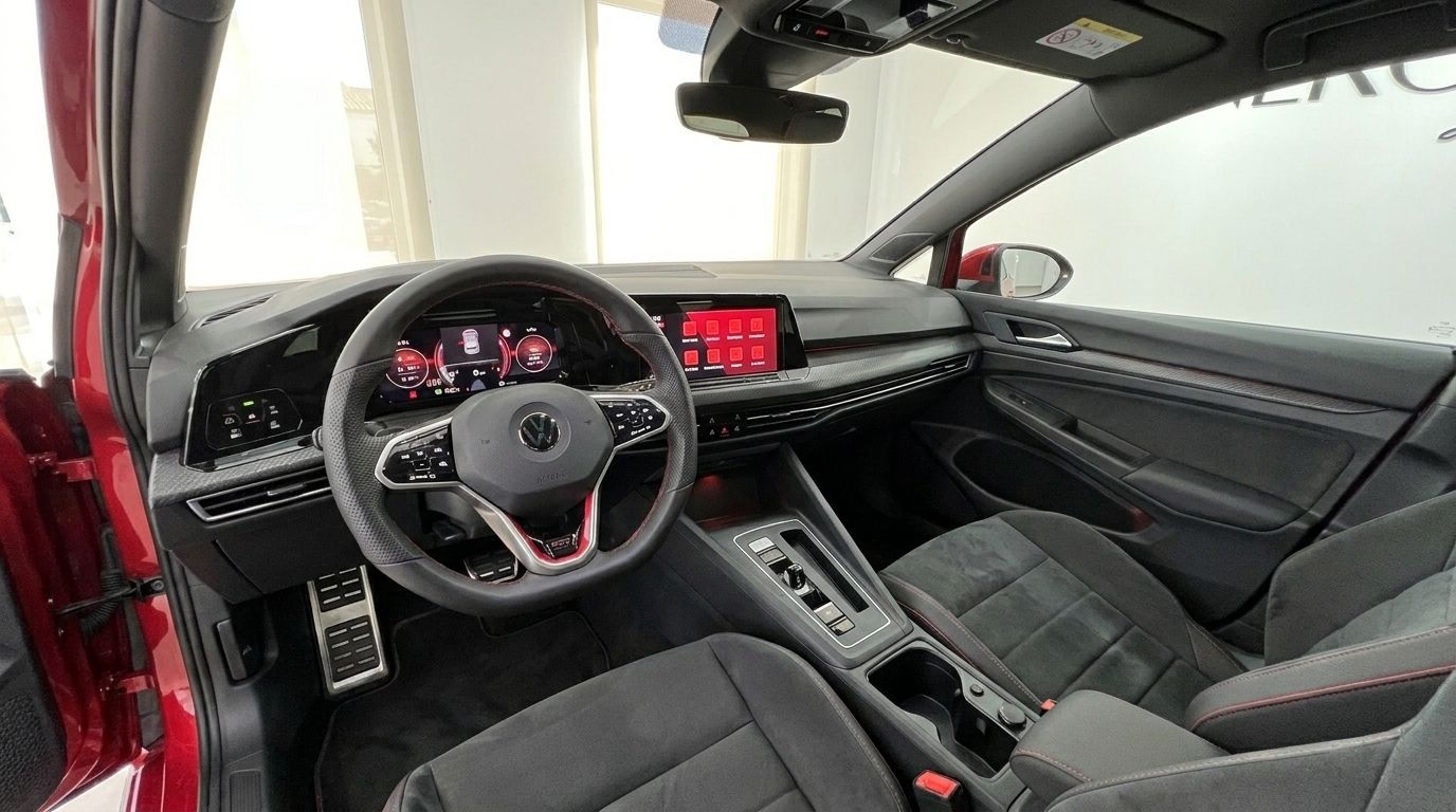 Das luxuriöse Interieur des Volkswagen Golf GTI Clubsport 2024 in Alicante, mit modernem Cockpit, Lenkrad und vorderen Sportsitzen.