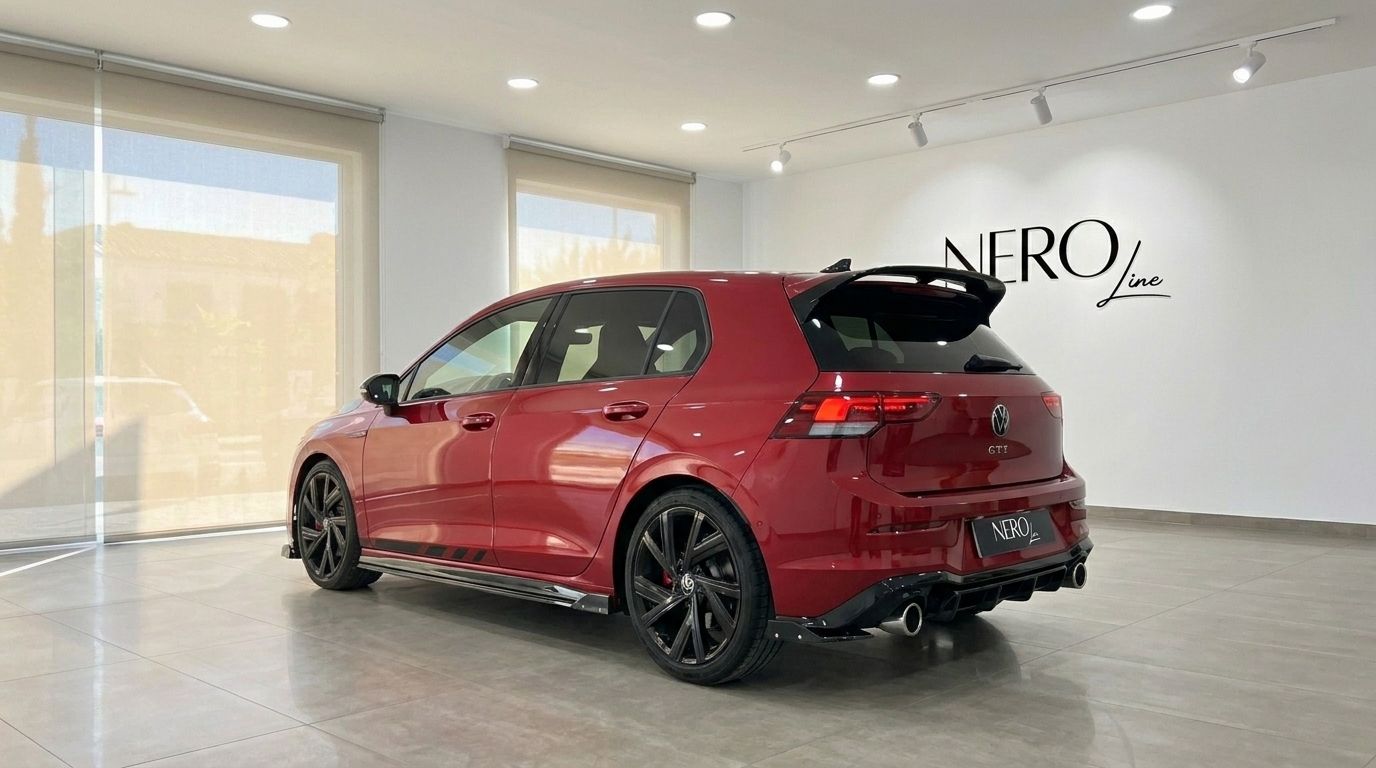 The red Volkswagen Golf GTI Clubsport is shown from a rear three-quarter angle inside a showroom in Alicante.
