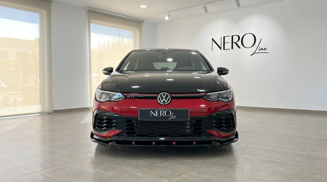 Front view of the 2024 Volkswagen Golf GTI Clubsport in gloss Kings Red Metallic, showcased in a showroom in Alicante.