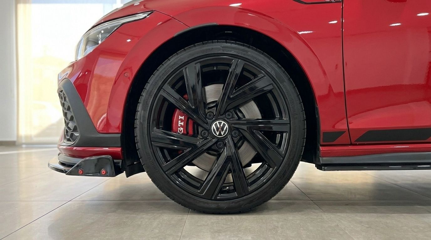 The 2024 Volkswagen Golf GTI Clubsport in Alicante showcases its black alloy wheel, red GTI brake caliper, and part of the aerodynamic front bumper.