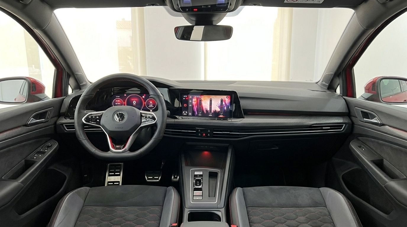 The modern interior of the Volkswagen Golf GTI Clubsport, featuring digital dashboard, infotainment, and sporty steering wheel in Alicante.
