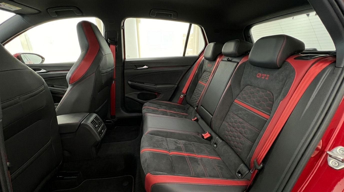 The Volkswagen Golf GTI Clubsport's rear seats feature black and red upholstery with "GTI" stitching, seen in Alicante.
