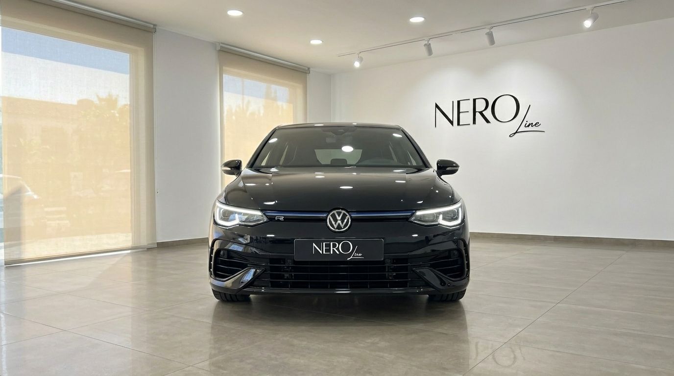 Der schwarze 2023 Volkswagen Golf R 2.0 TSI 4Motion DSG wird von vorne in einem hellen Showroom in Alicante gezeigt.