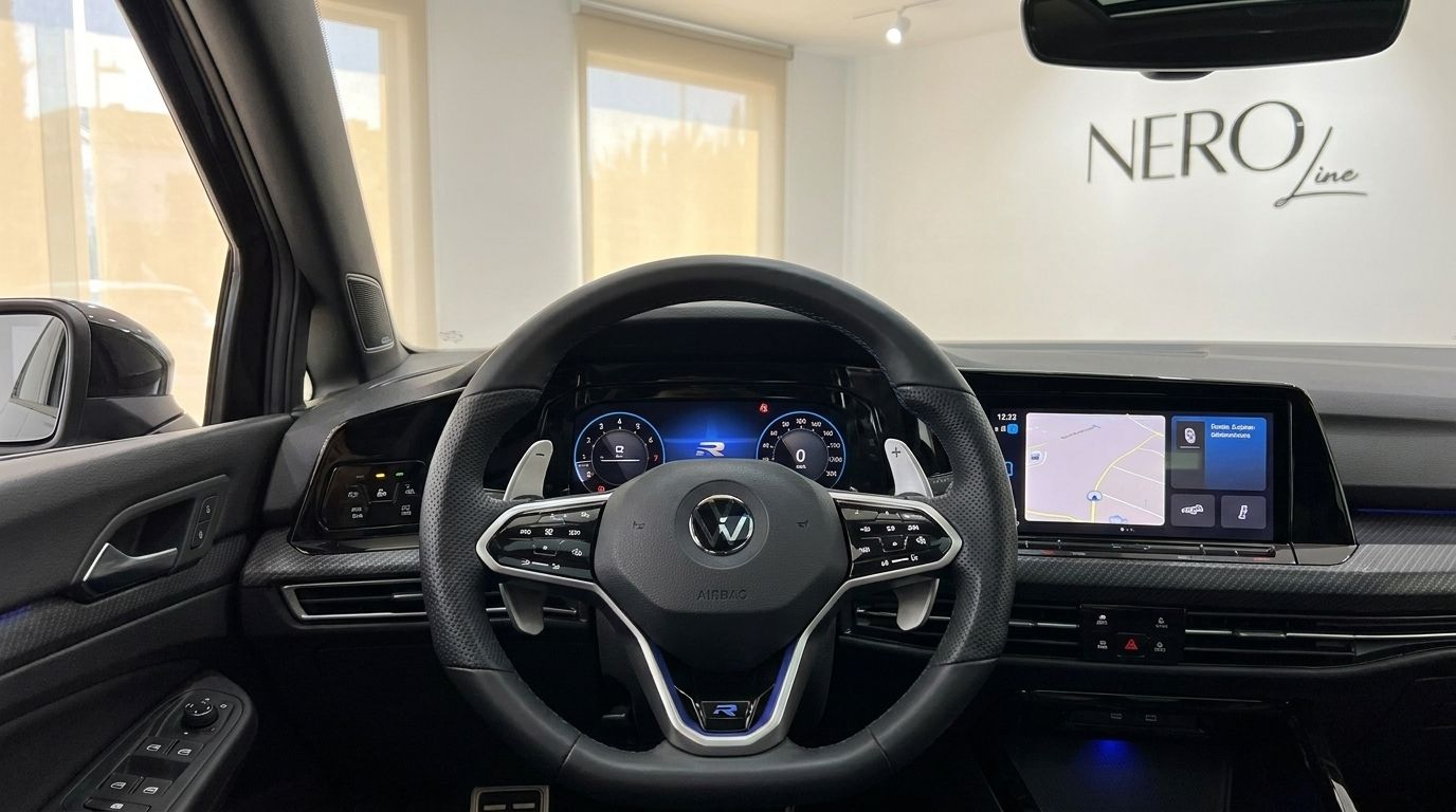 Das luxuriöse Interieur des 2023 Volkswagen Golf R 2.0 TSI 4Motion DSG in Alicante, zeigt Lenkrad und digitales Armaturenbrett.