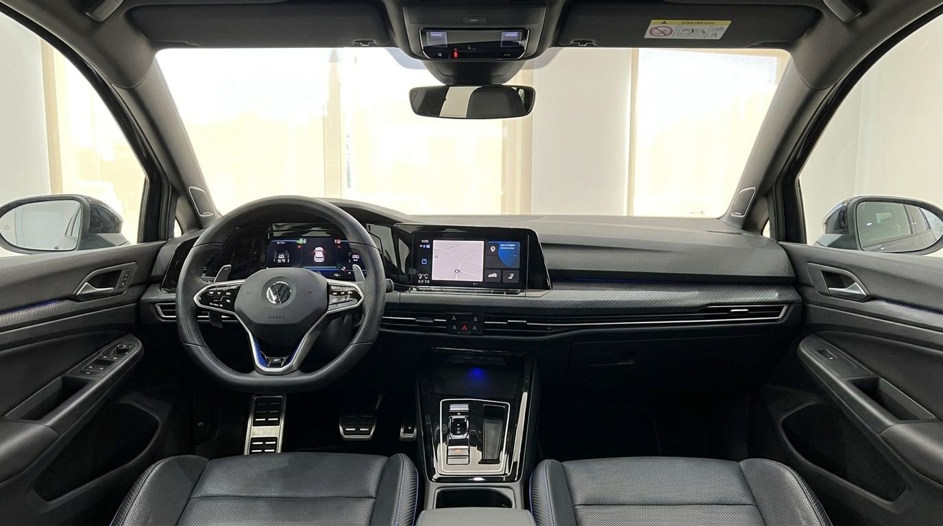 Das luxuriöse Cockpit und Armaturenbrett des 2023 Volkswagen Golf R 2.0 TSI 4Motion DSG in Alicante, mit modernen Bedienelementen.