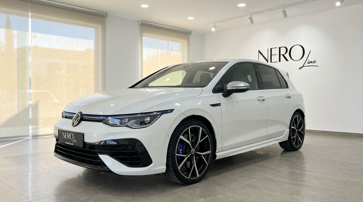 The white 2023 Volkswagen Golf R 2.0 TSI 4MOTION DSG is parked indoors, showing its front three-quarter view in Alicante.