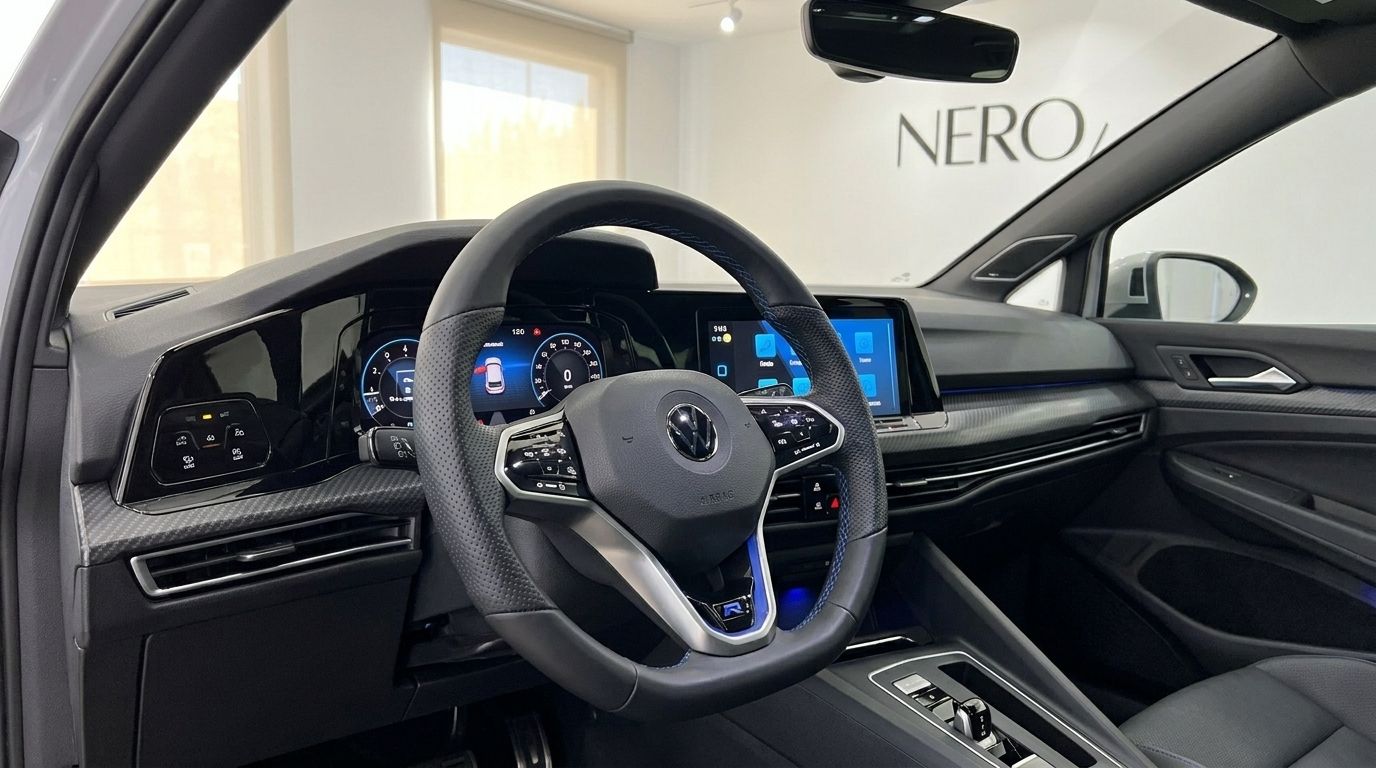 The luxurious interior of the 2023 Volkswagen Golf R 2.0 TSI 4MOTION DSG, featuring its modern cockpit, steering wheel, and digital displays in Alicante.