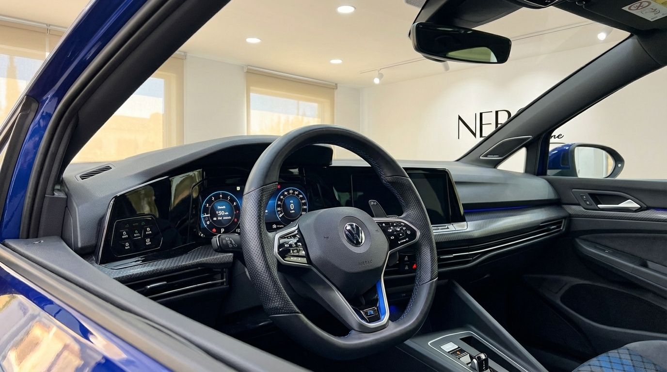 The interior of the 2023 metallic blue Volkswagen Golf R, showcasing the dashboard and steering wheel in Marbella.