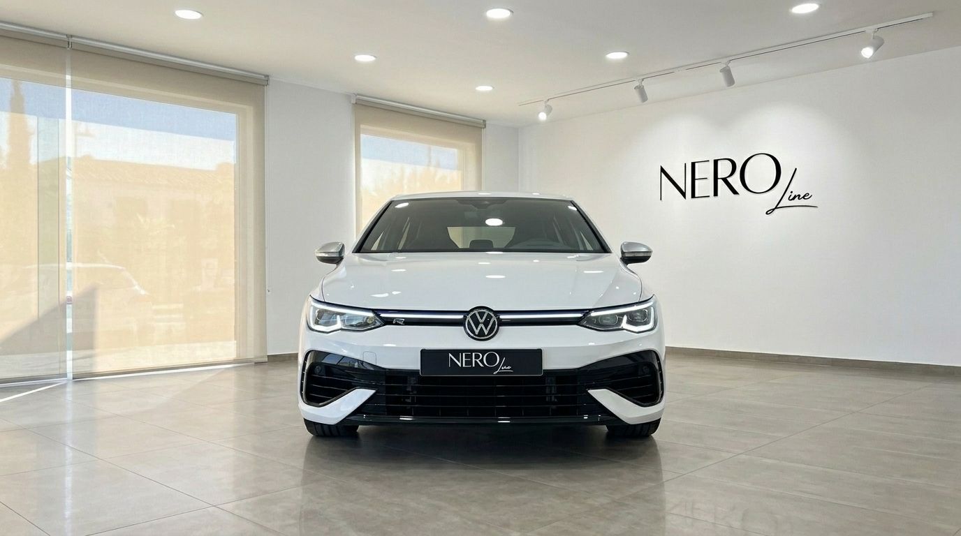 The white Volkswagen Golf R 2.0 TSI 4MOTION DSG is shown from the front in a modern showroom in Alicante.