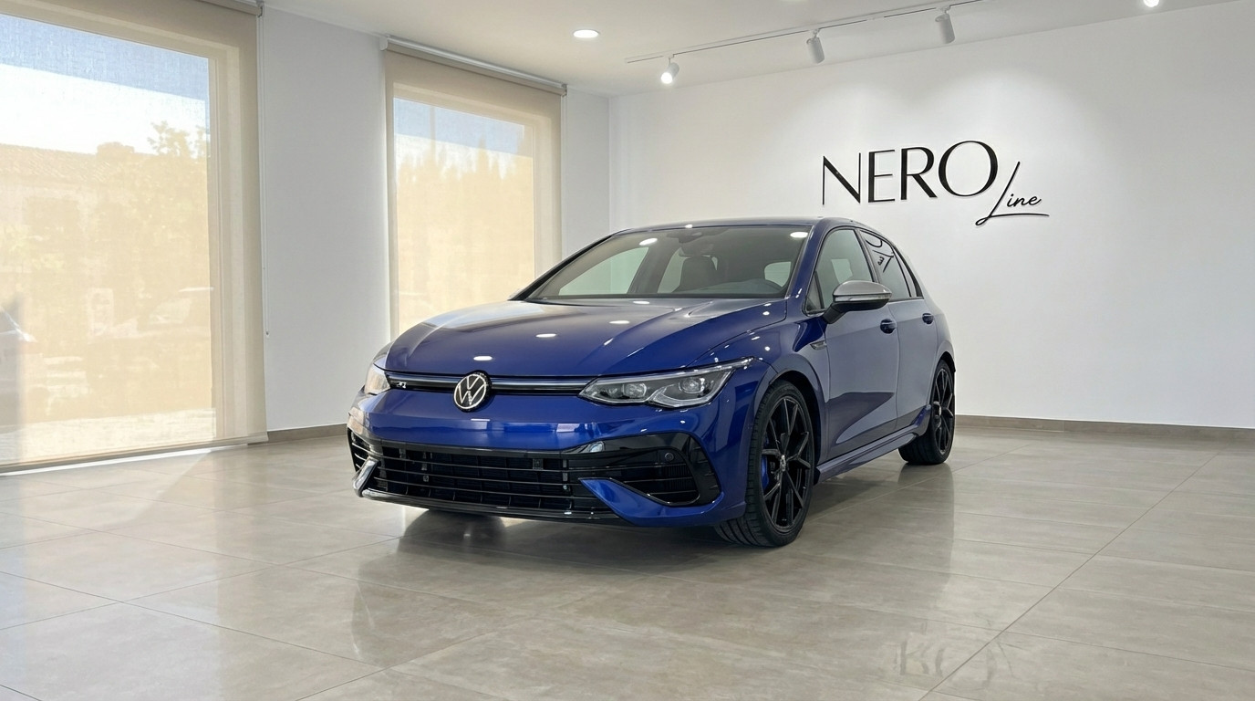 Volkswagen Golf R — Luxury car rental Marbella The metallic blue 2023 Volkswagen Golf R is prominently displayed in a modern showroom in Marbella.