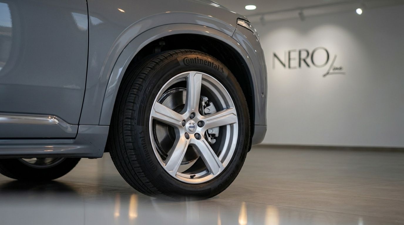 La roue avant et le panneau latéral du Volvo XC90 gris brillant 2023 sont visibles dans un showroom à Marbella.
