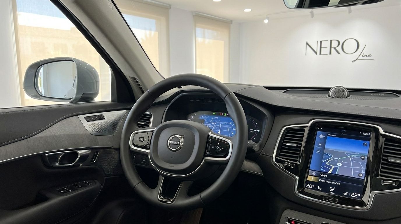 L'intérieur du Volvo XC90 à Marbella, montrant le volant, le tableau de bord numérique et l'écran central de navigation.