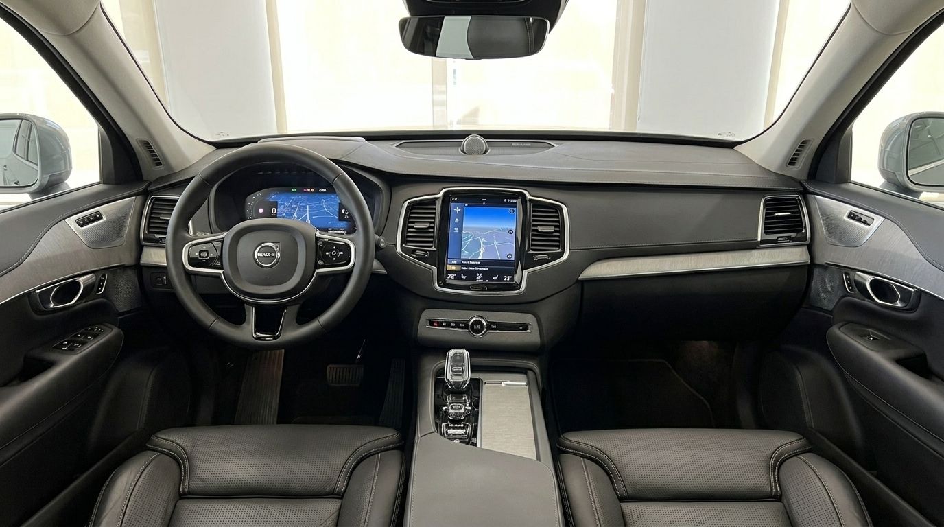 L'intérieur luxueux du Volvo XC90 2023 à Marbella, avec le volant, le tableau de bord numérique et l'écran central d'infodivertissement.