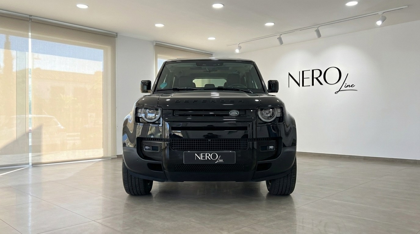 The black 2025 Land Rover Defender P400e is prominently displayed from the front in a modern showroom in Ibiza.