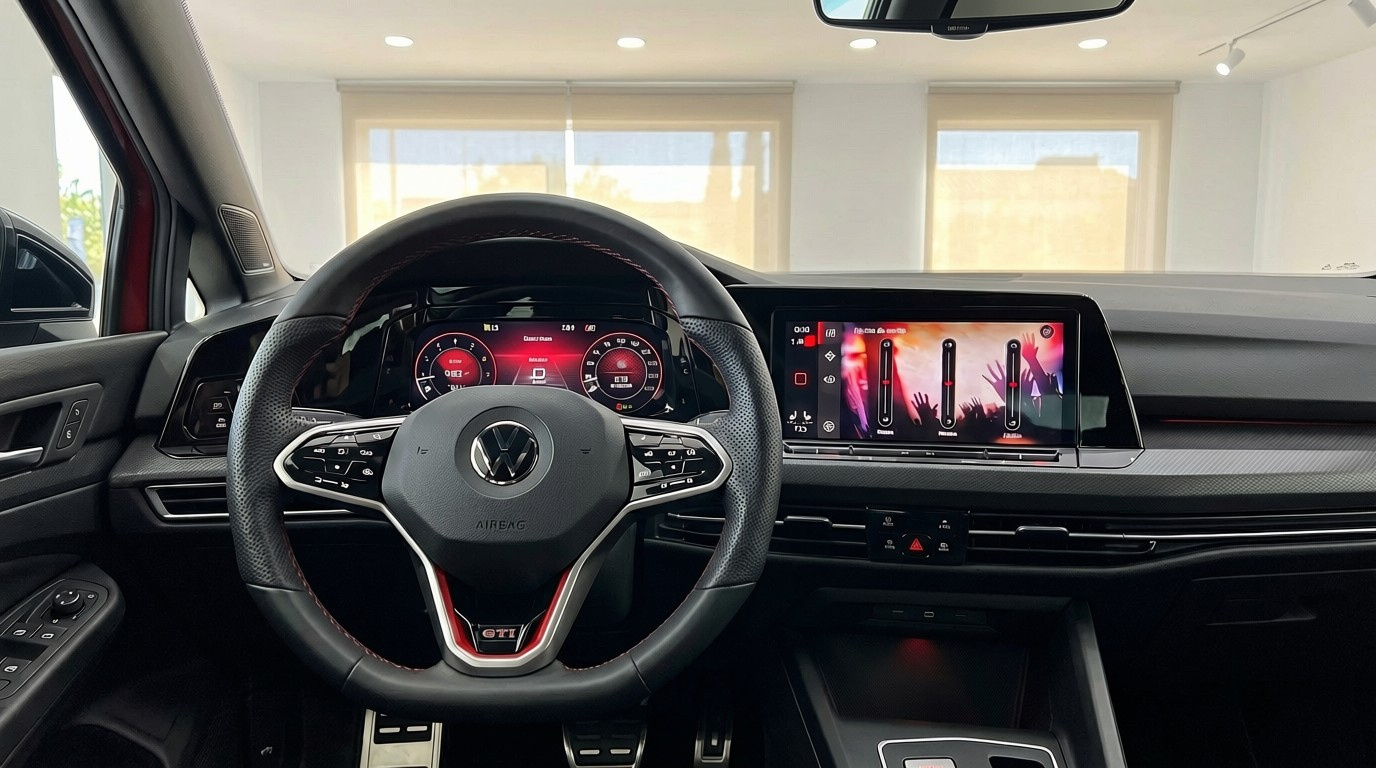 The interior of the Volkswagen Golf GTI Clubsport features a sporty steering wheel, digital cockpit, and infotainment screen in Alicante.